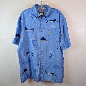Columbia River Lodge men XL Blue button down short sleeve Fish & map print.